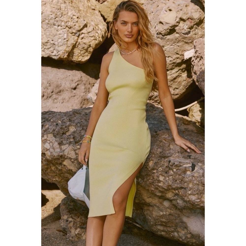 Anthropologie One Shoulder Ribbed Knit Midi Dress Yellow Chartreuse XS Side Slit